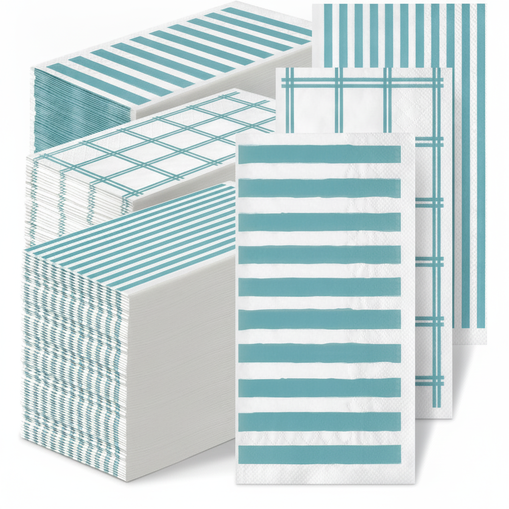 Fanned stack of disposable paper guest hand towels with teal stripe and plaid patterns on white