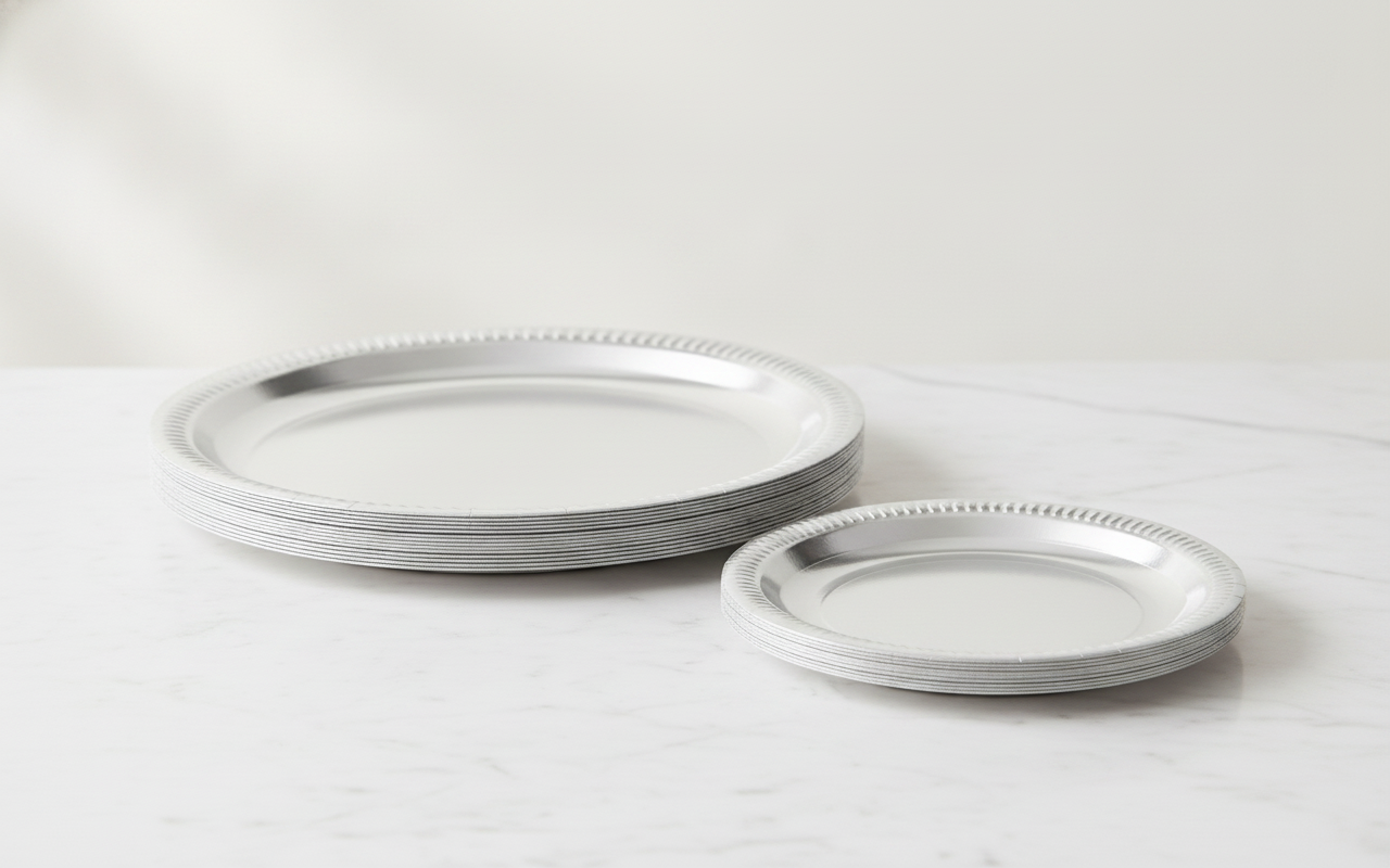 Stacks of 9 inch and 7 inch smooth silver paper plates showing the thin paper layers on white marble