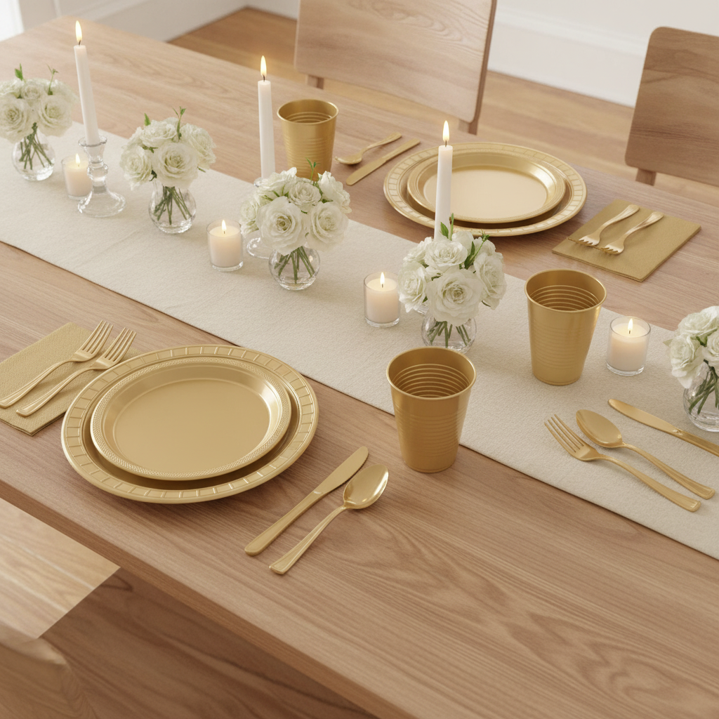 Gold party tablescape with matching solid gold plastic plates, solid gold cups and gold cutlery