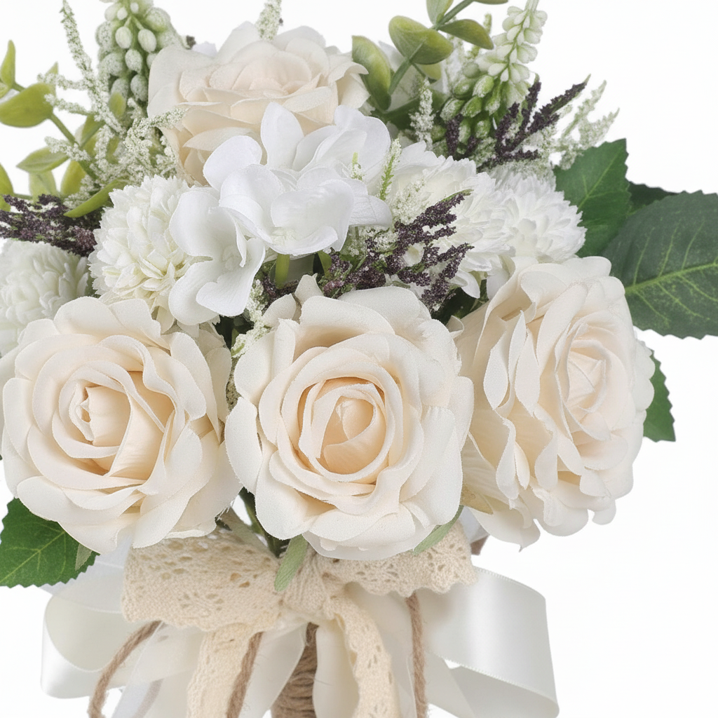 Close-up of champagne roses, white hydrangea, lavender and eucalyptus