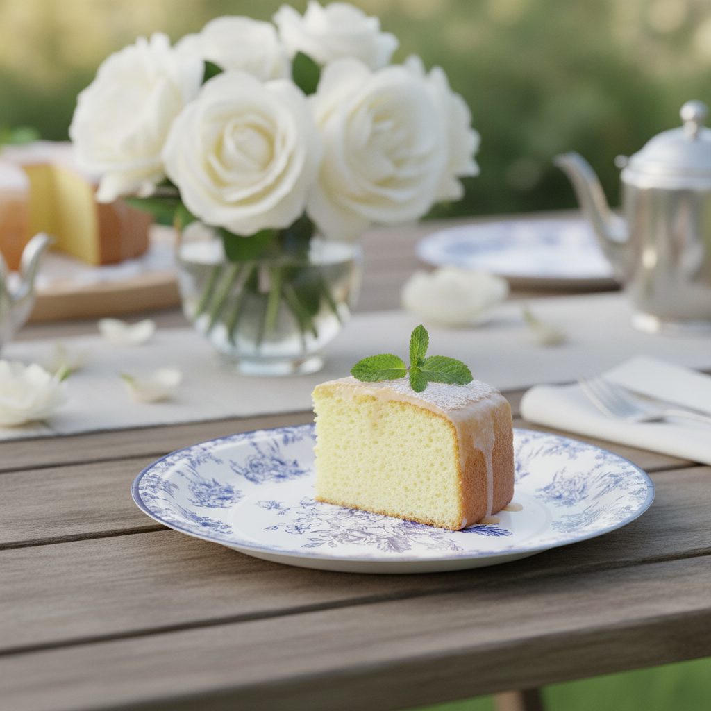 Blue floral paper plate with lemon cake at a garden tea party