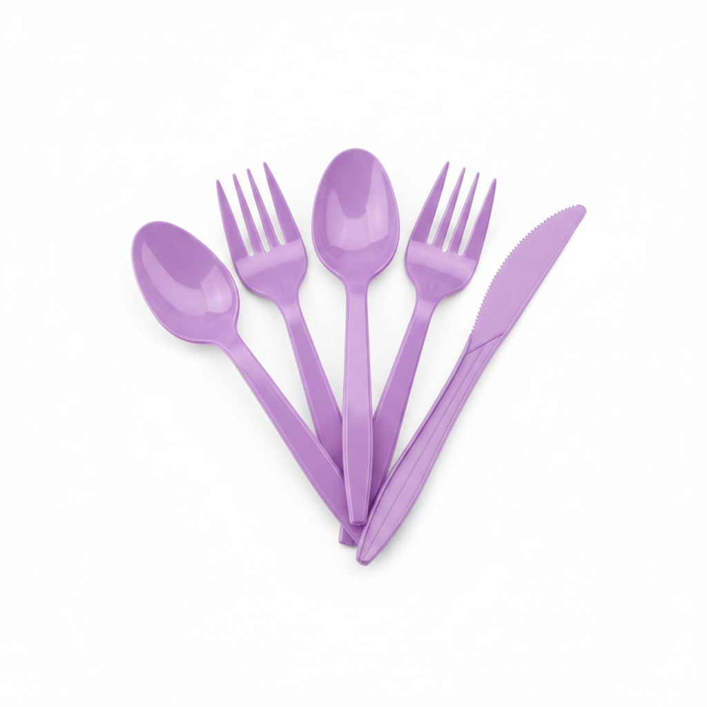 Purple disposable plastic party forks spoons and knives fanned out on white background