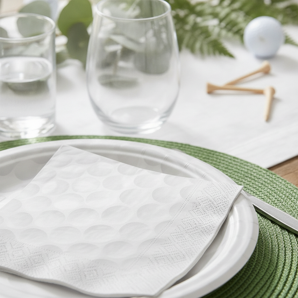 Close-up of golf-ball textured disposable paper plate and napkin