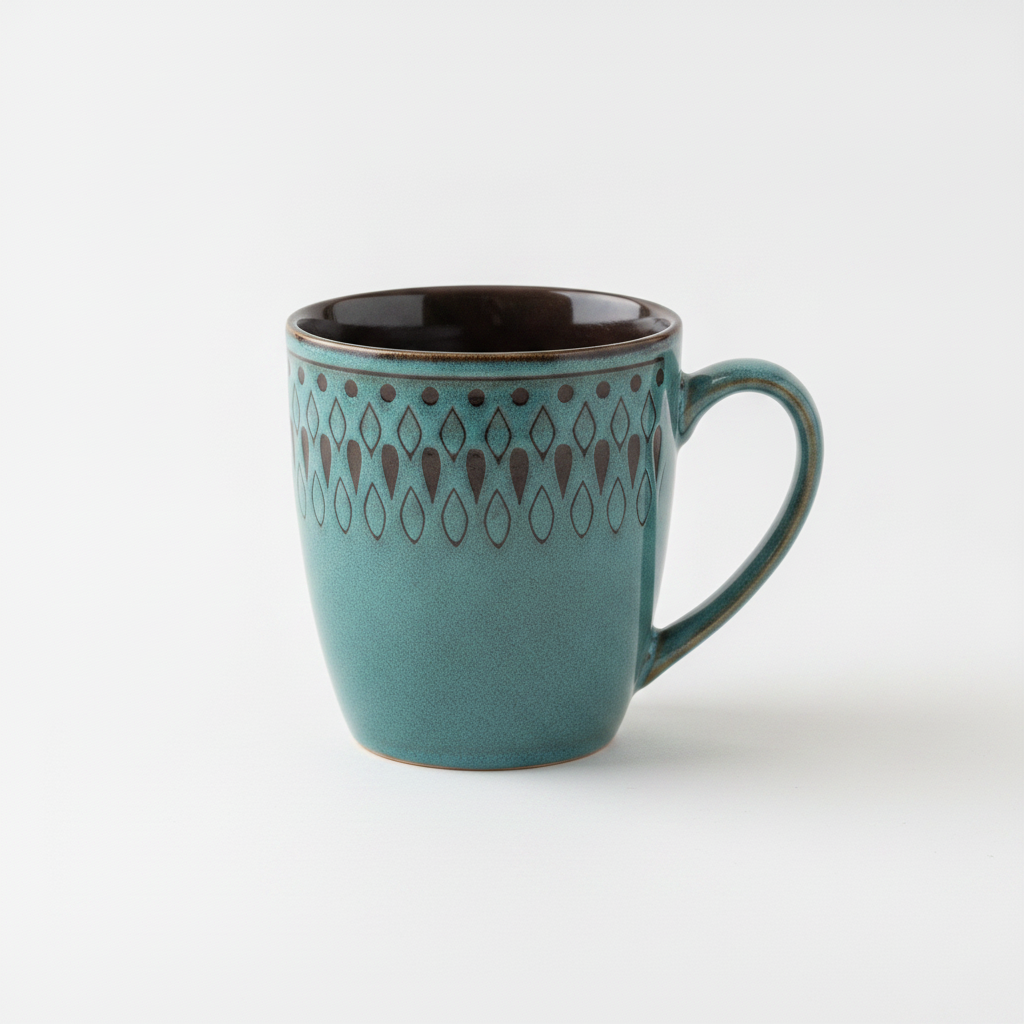 Vintage teal geometric stoneware mug with dark interior on a clean white studio background