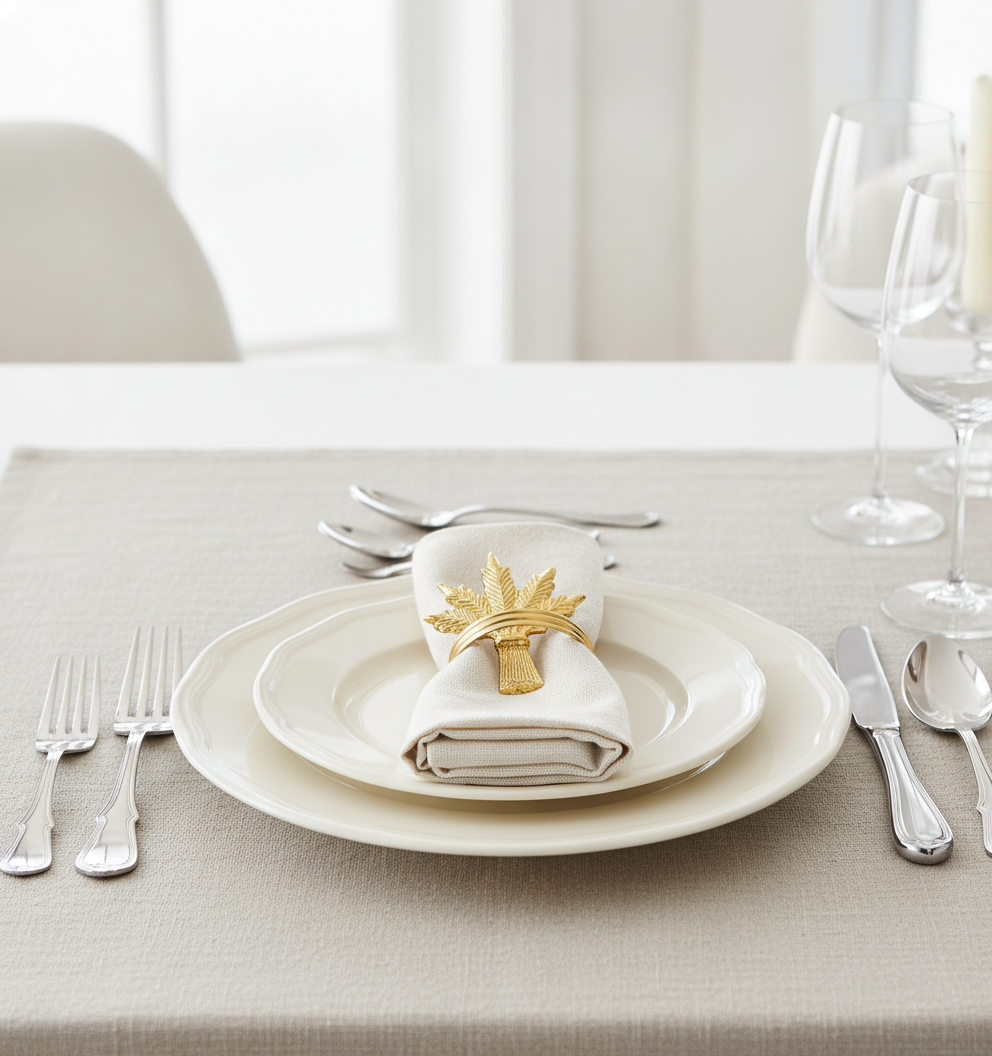 Gold wheat napkin ring holding a folded napkin in an elegant place setting