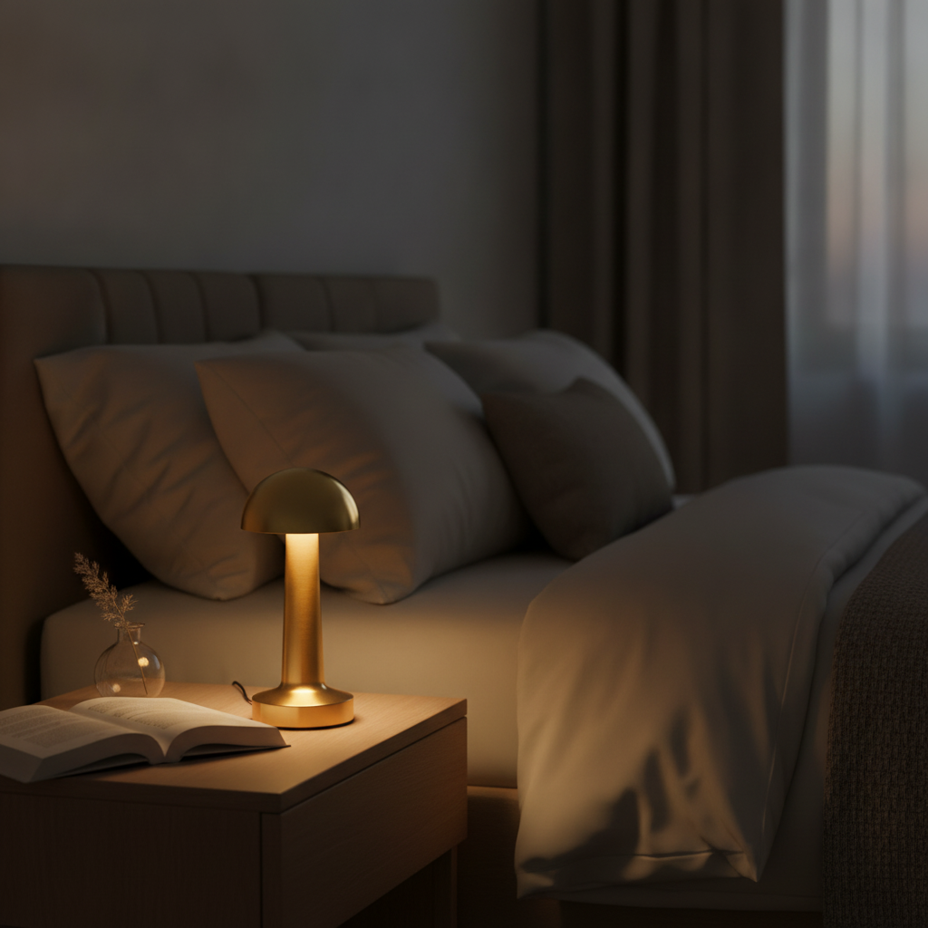 Cordless gold table lamp glowing on a bedroom nightstand at dusk