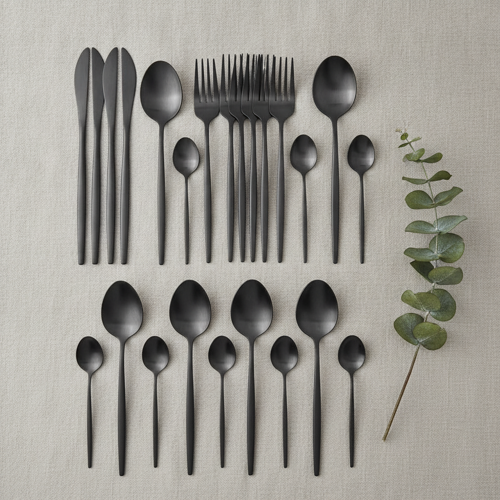 Overhead flat-lay of the matte black dining set