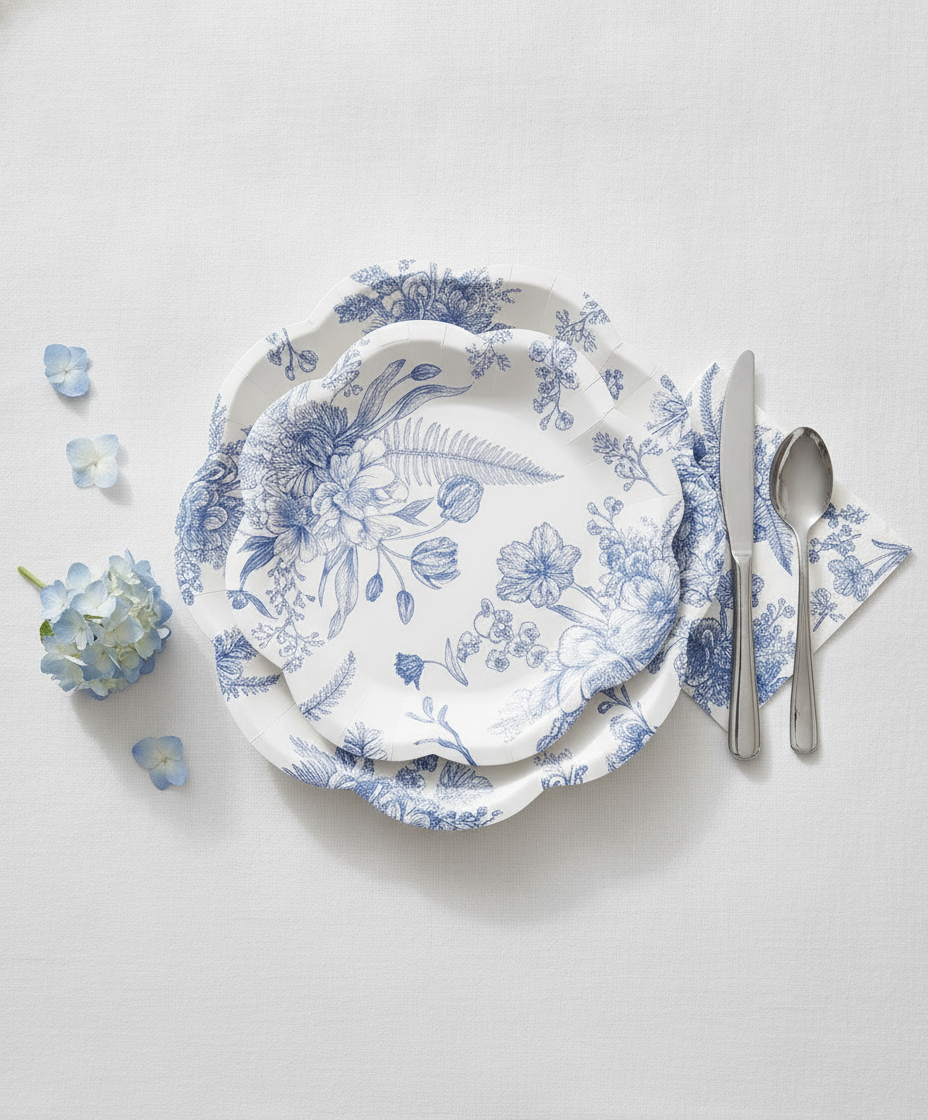 Single place setting with blue and white floral disposable paper plates, napkin and silver cutlery