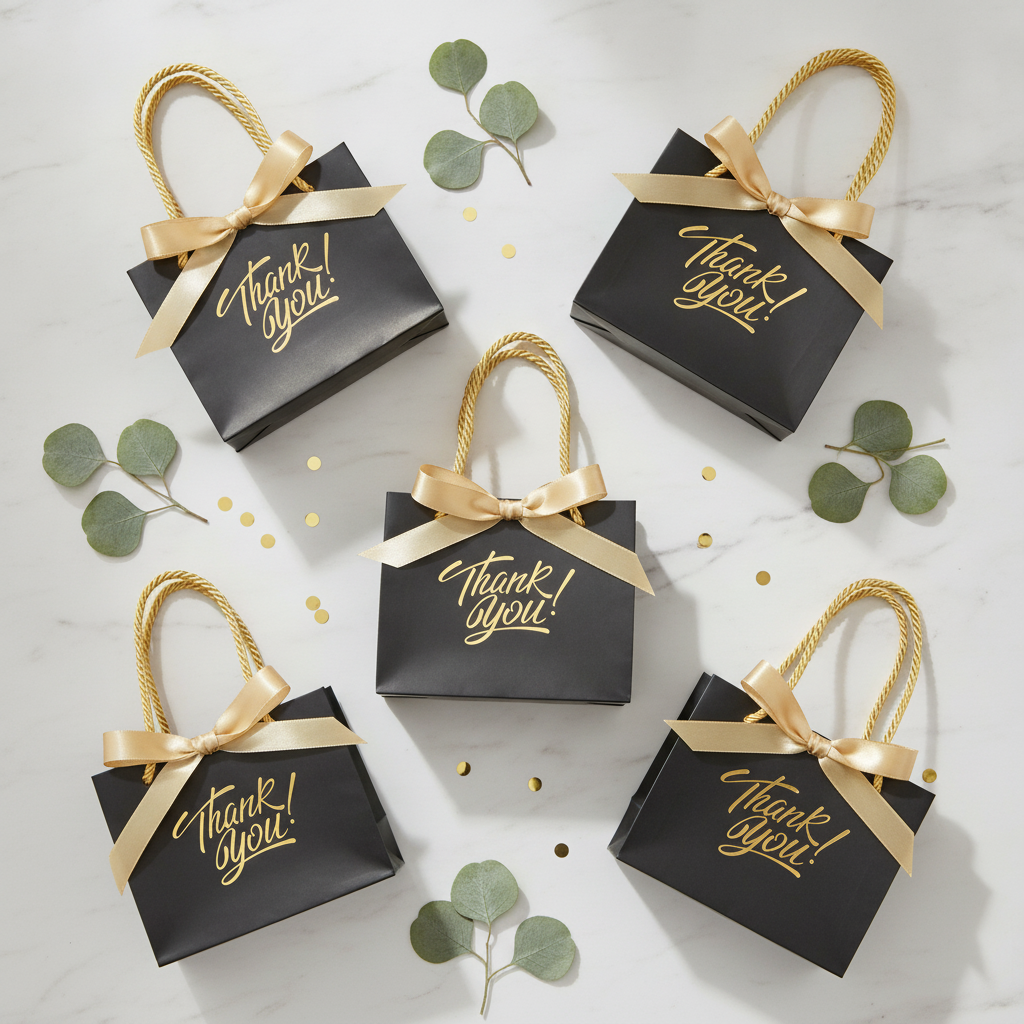 Overhead flat-lay of black thank you gift bags with gold rope handles and gold bows on marble