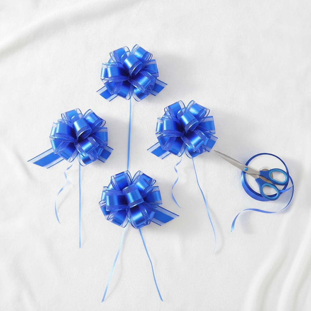 Overhead flat-lay of blue pull bows with ribbon spool and scissors