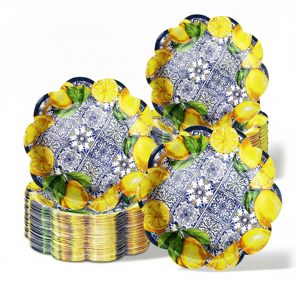 Capri lemon and blue-tile scalloped disposable paper plates fanned in a stack on a white background