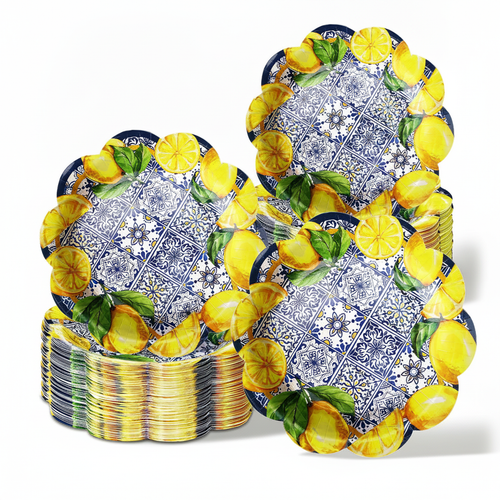 Capri lemon and blue-tile scalloped disposable paper plates fanned in a stack on a white background