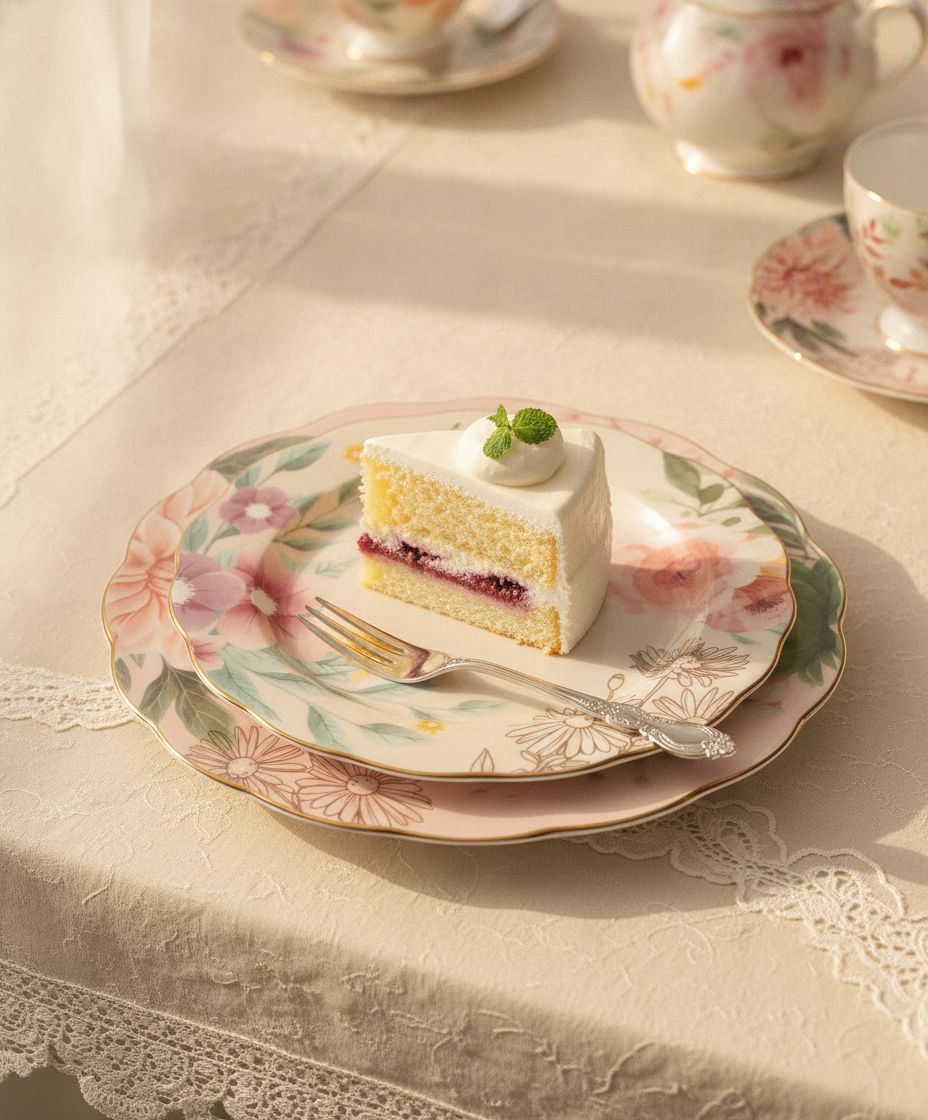 Stacked floral porcelain plates with a slice of cake at afternoon tea