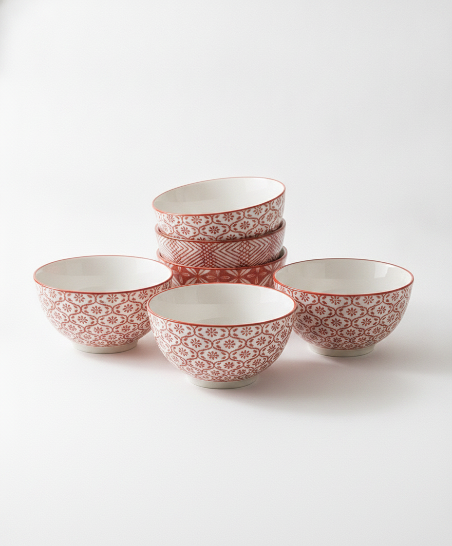 Set of five red and white floral porcelain rice bowls on white background