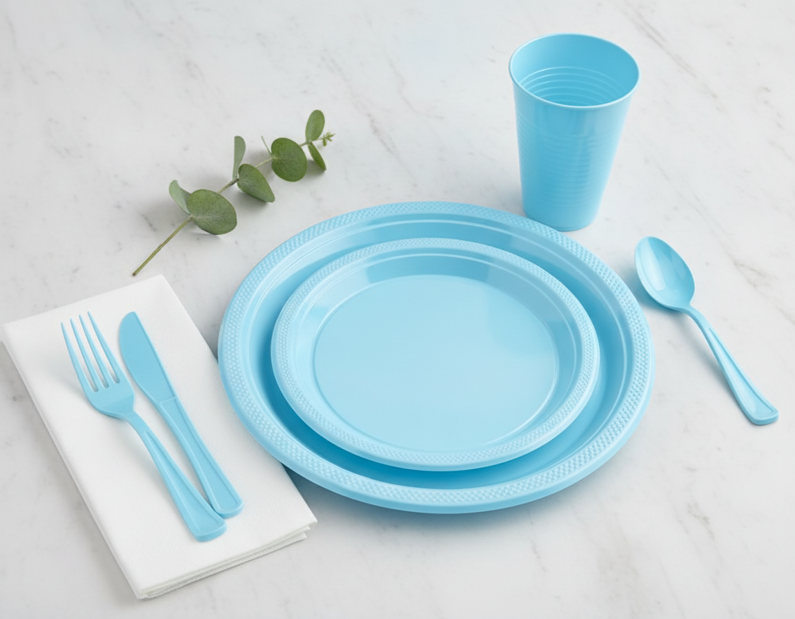 Light blue plastic plate, cup and cutlery place setting on marble