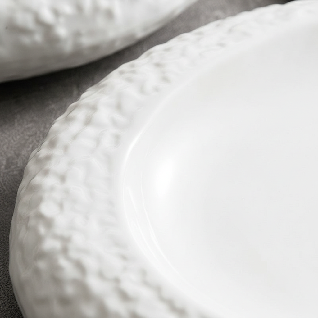 Macro of the rough rock-textured rim and glossy white well of the Scoglio plate