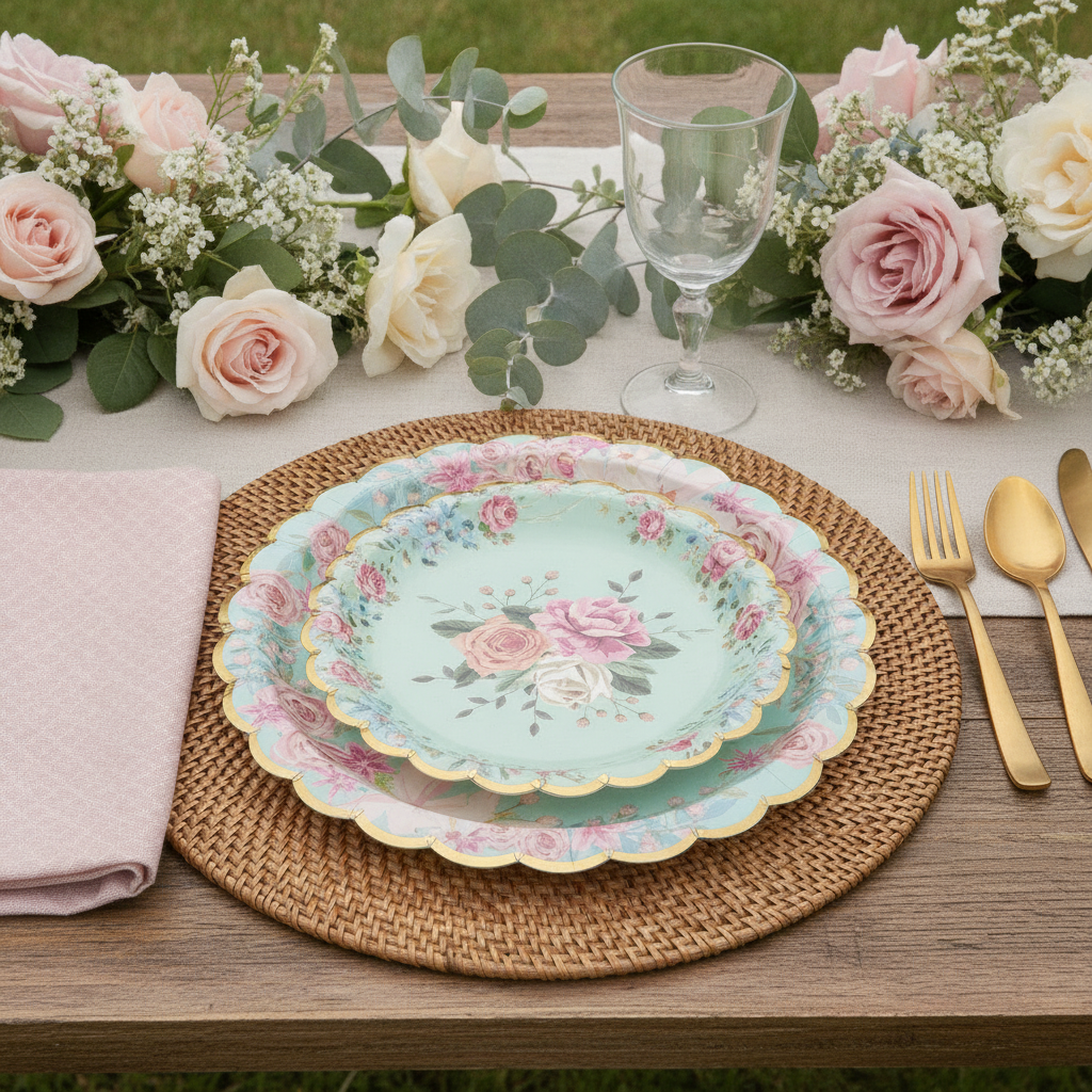 Vintage floral gold-rim scalloped disposable paper party plates styled on a rattan placemat with gold flatware and roses