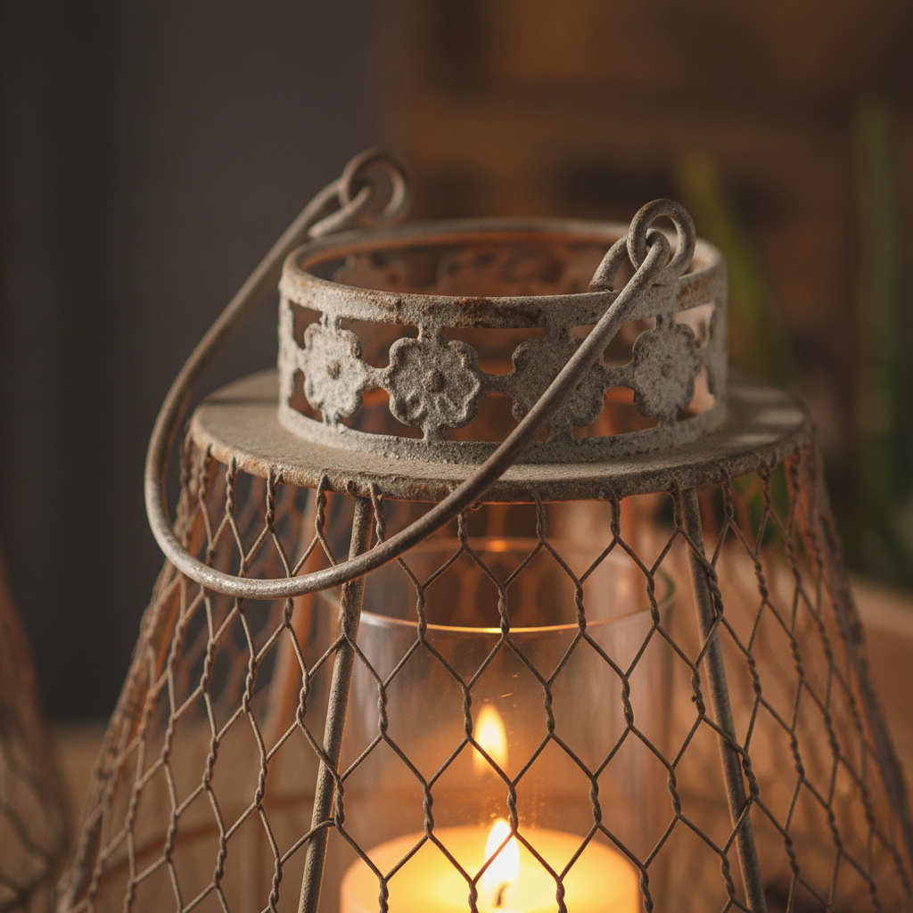 Detail of the hand-formed wire weave glowing with warm candlelight