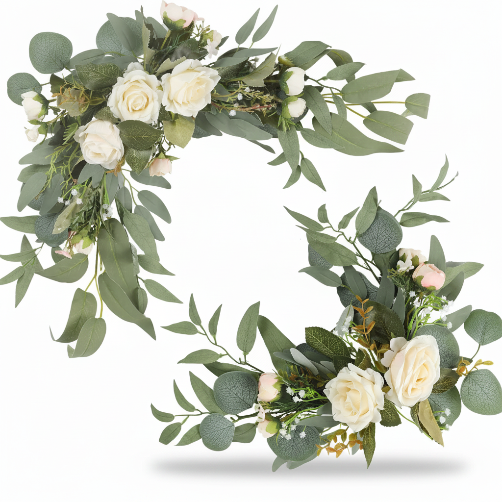Set of 2 white rose and eucalyptus wedding arch flower swags on white background