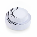 White disposable plastic party plates with black and silver swirl rim, 60-count set, dinner and dessert sizes