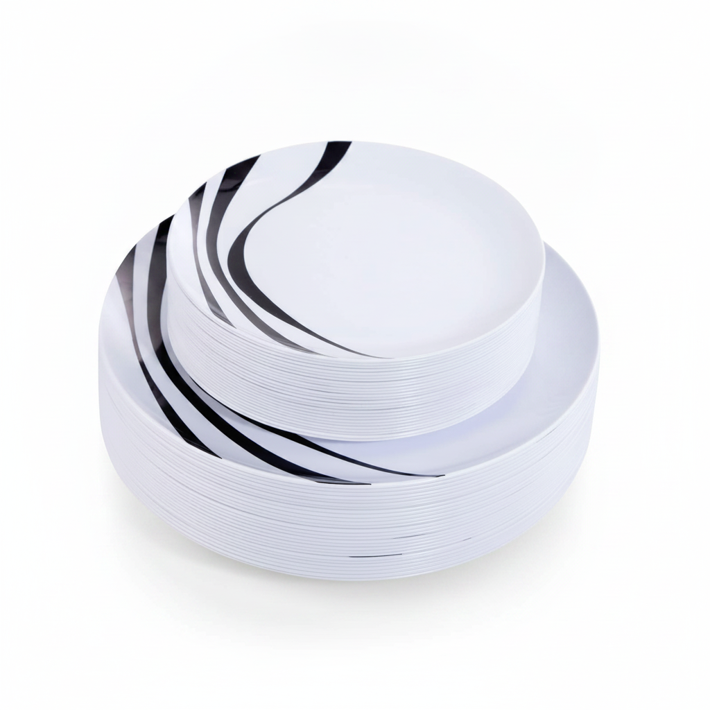 White disposable plastic party plates with black and silver swirl rim, 60-count set, dinner and dessert sizes
