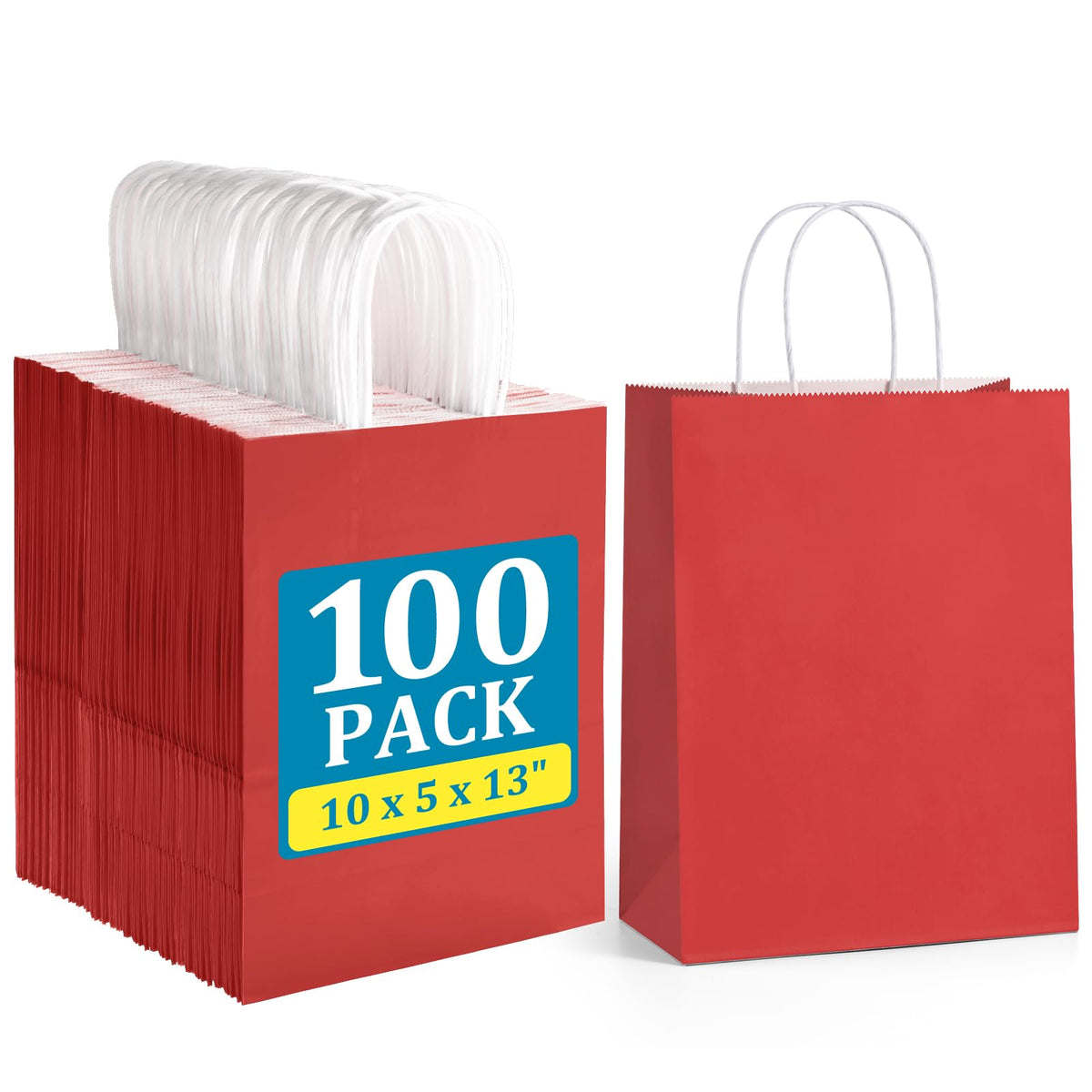 Red Kraft Paper Bags with Handles, 10 x 5 x 13 in, 100 ct