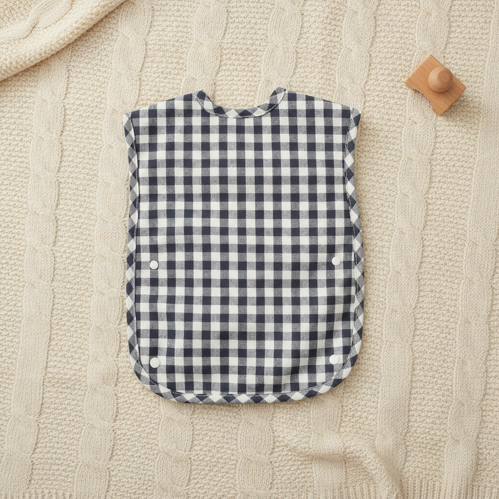 Navy gingham sleeveless waterproof baby feeding smock laid flat — Maison's Kitchen