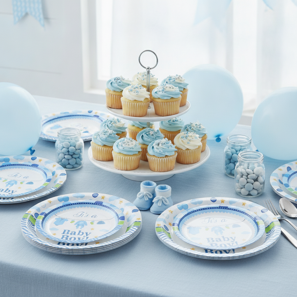 Baby boy shower dessert table with blue printed paper plates, cupcakes and balloons