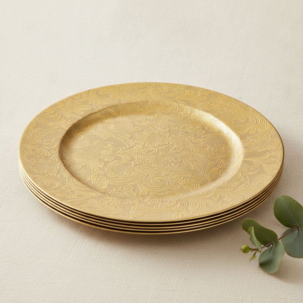 Stack of three gold floral damask charger plates with eucalyptus