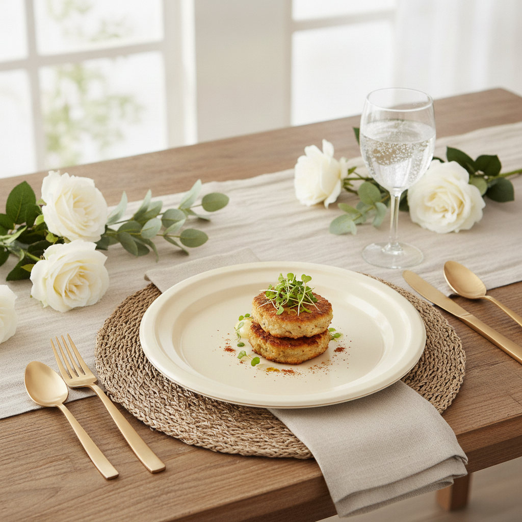 Ivory disposable plate with a plated appetizer on a buffet table