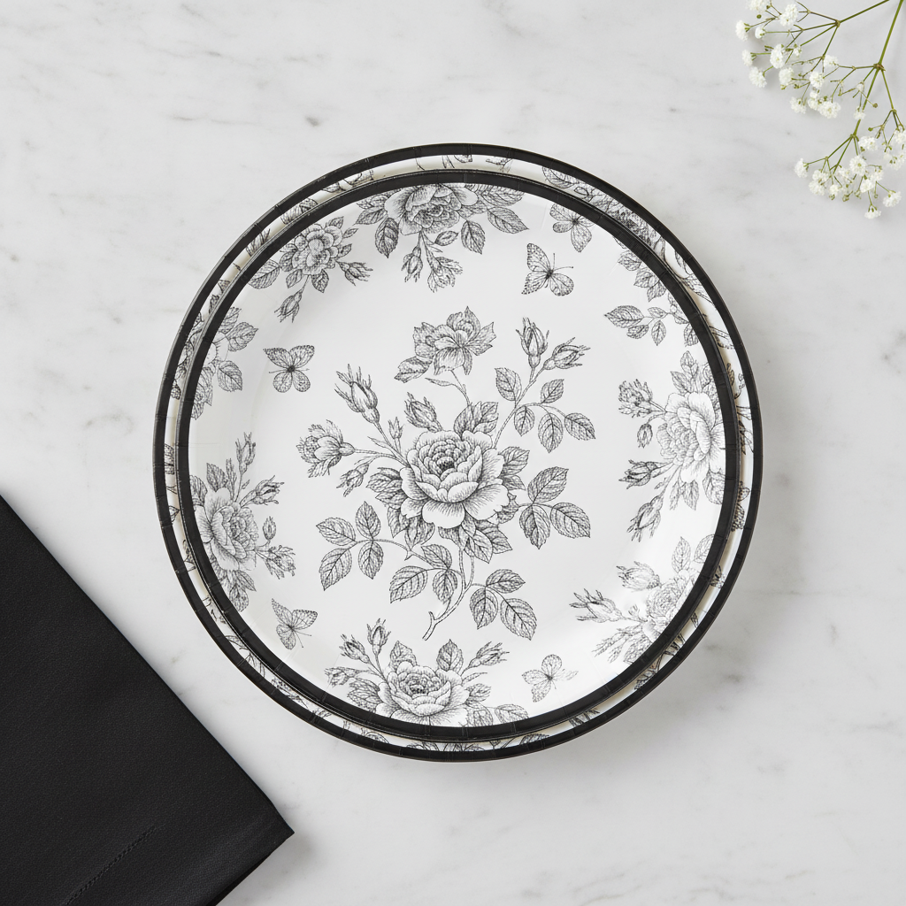 Overhead flat-lay stack of black and white floral-toile disposable plates with baby's breath