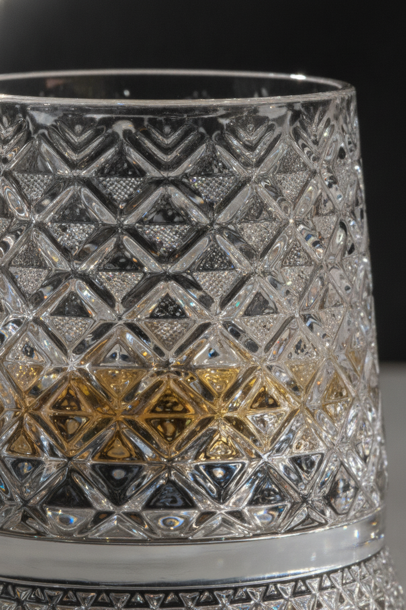 Macro close-up of the hand-cut diamond lattice facets on the crystal tumbler
