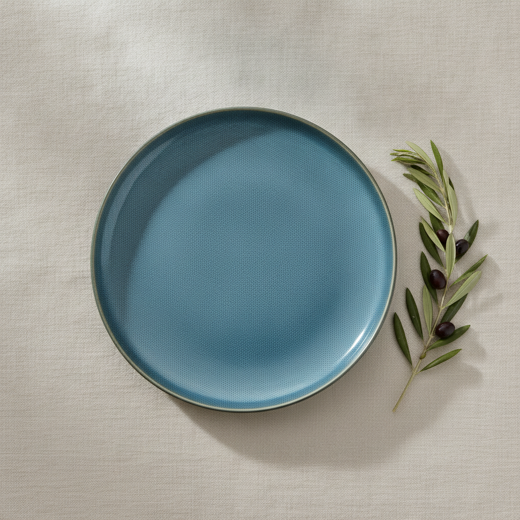 Overhead view of a single round Mediterranean blue reactive-glaze 10.25-inch stoneware plate on cream linen