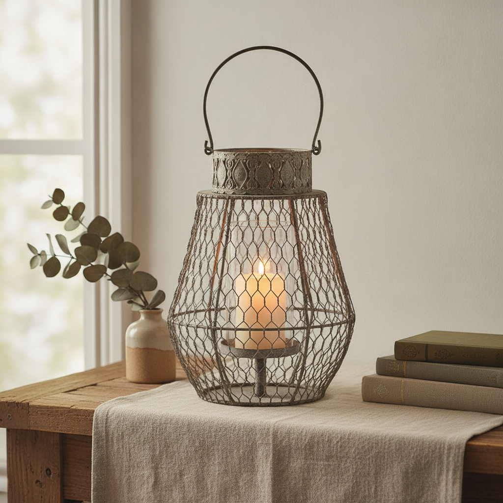 Styled mantel vignette with the wire lantern, dried eucalyptus and linen-bound books