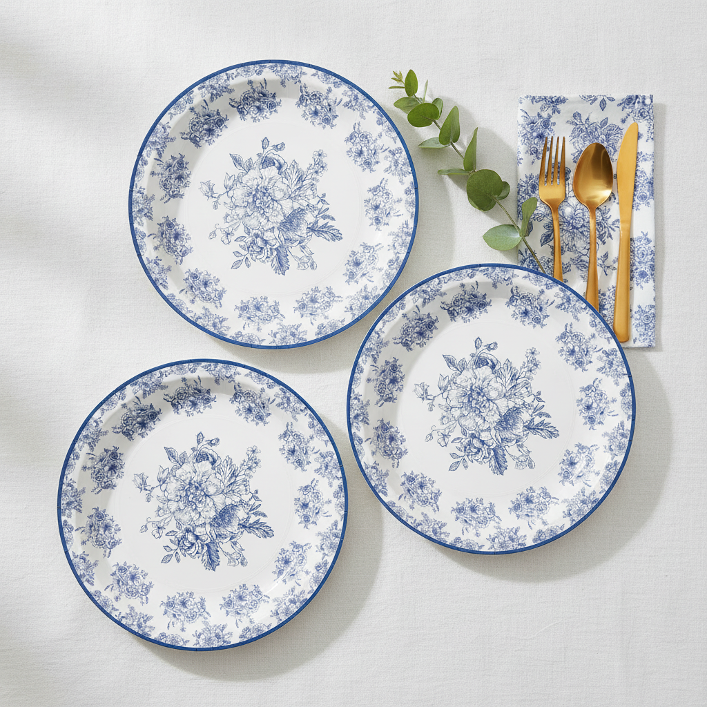Overhead flat-lay of blue chinoiserie floral paper plates with napkin and cutlery