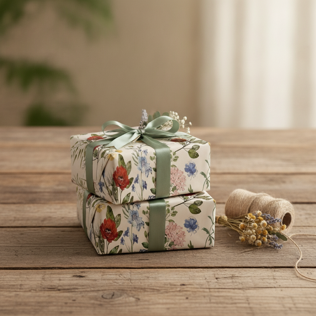 Two gifts wrapped in vintage wildflower paper with sage ribbon on wood