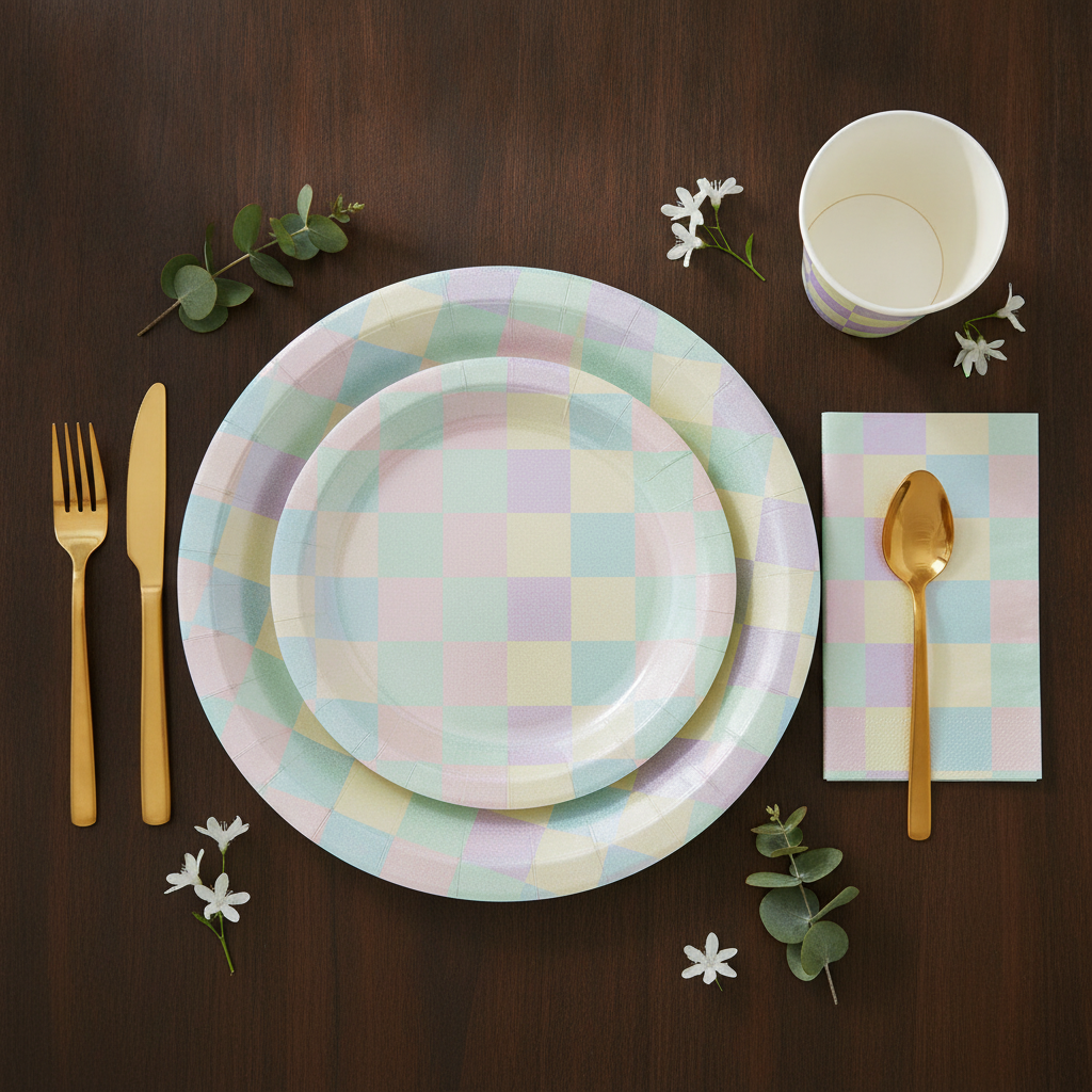 Iridescent pastel checkerboard round paper plates overhead place setting with matching cup and gold cutlery