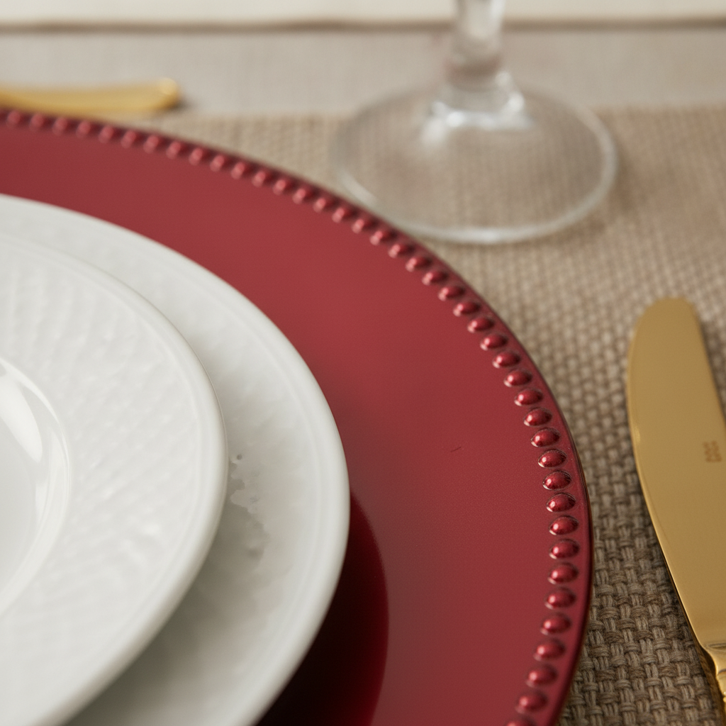 Close-up of beaded rim on glossy red charger plate
