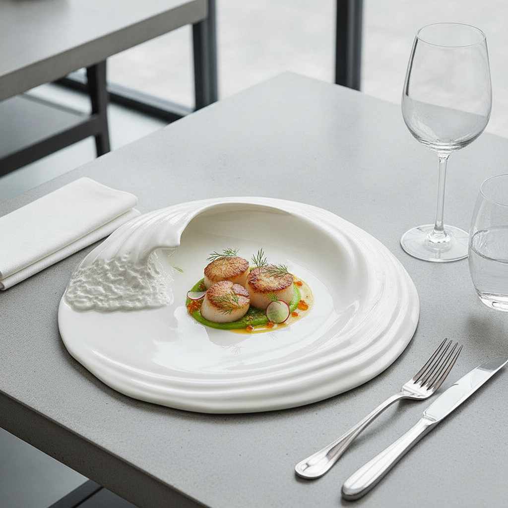 Wave relief porcelain plate in a fine-dining place setting with plated gourmet dish