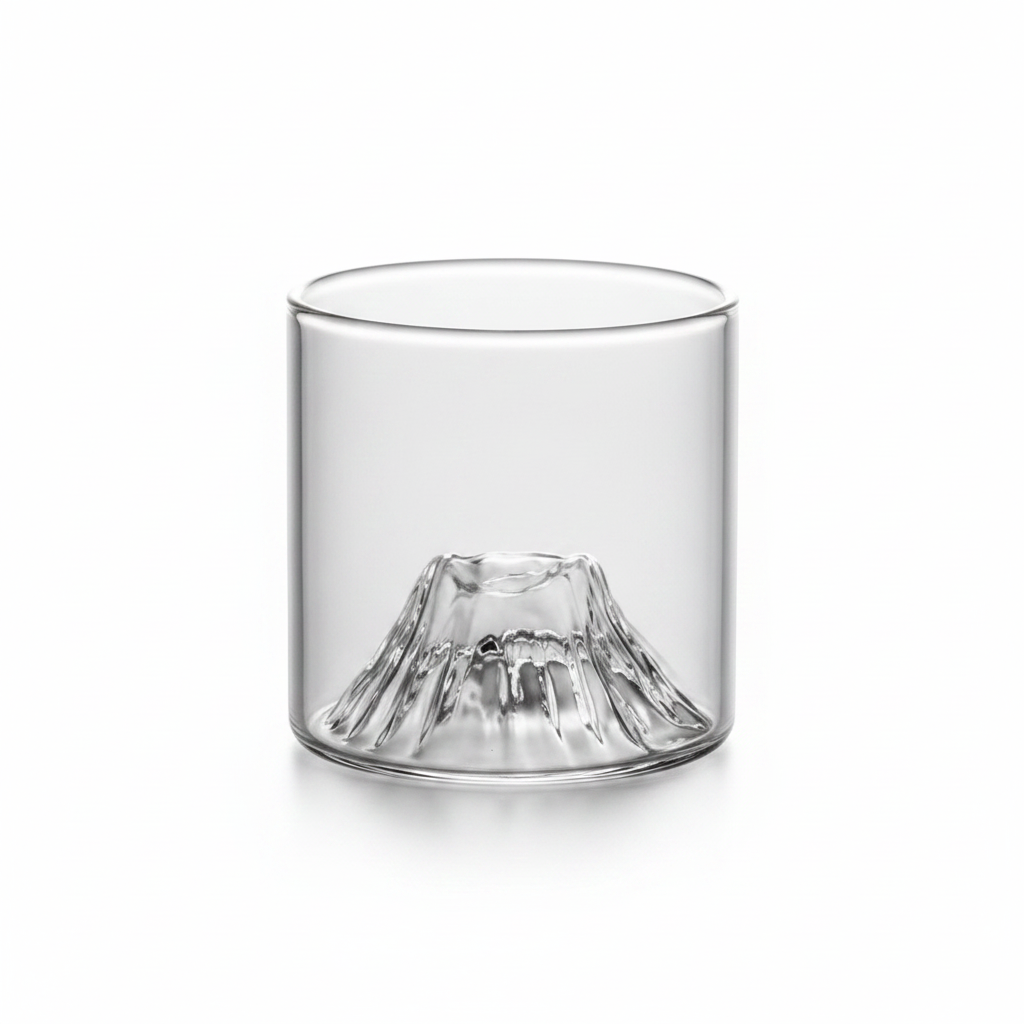 Fuji mountain-relief clear whiskey glass on a white background showing the molded inner peak