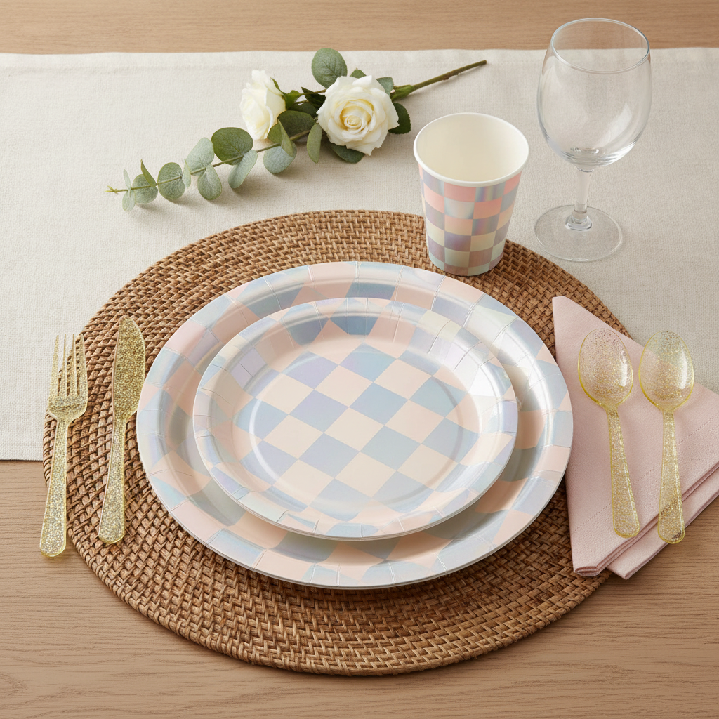 Iridescent pastel checkerboard disposable paper party plates with cups, napkins and gold cutlery styled on a rattan placemat