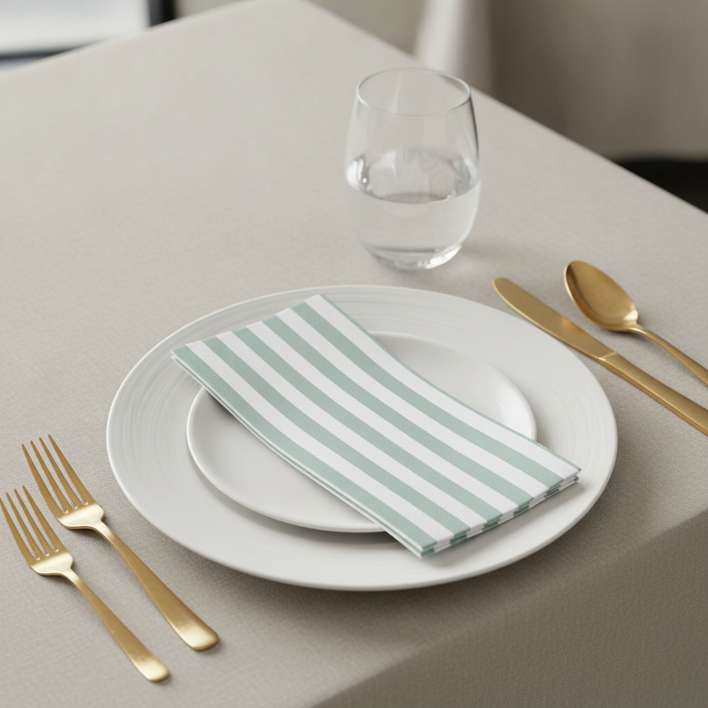 Sage green striped paper guest napkin folded on a white plate place setting with gold cutlery