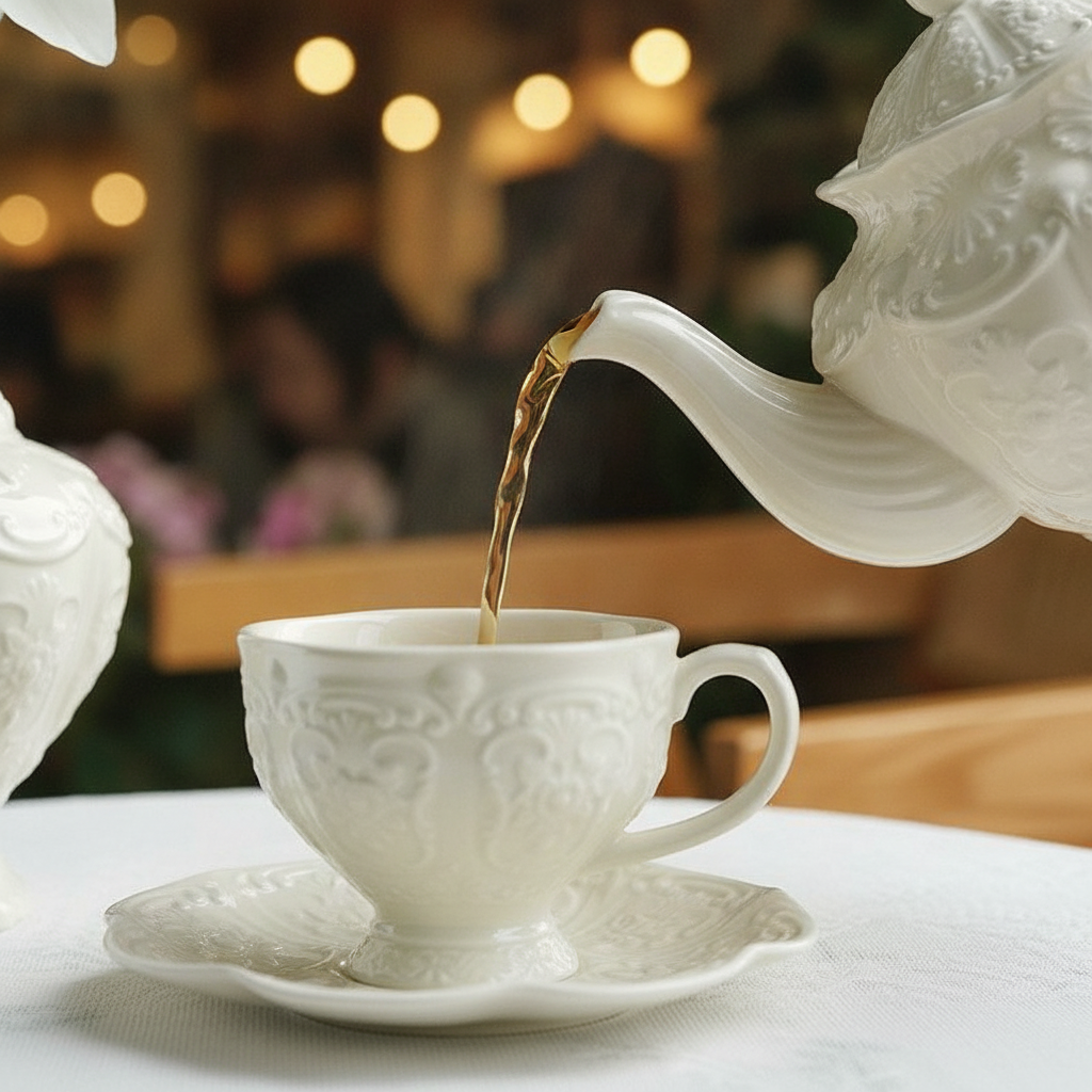 Close-up of the Cortese cream ceramic teacup showing sculpted baroque relief