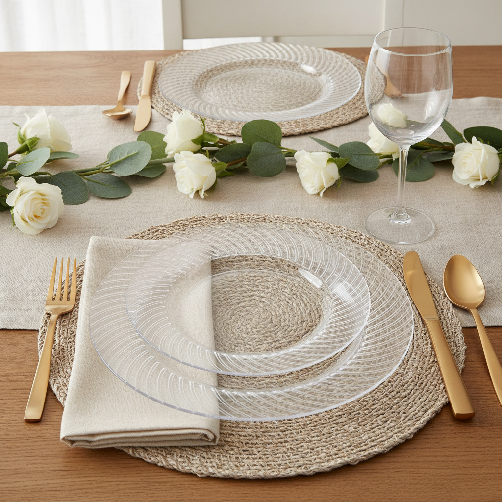 Clear disposable plastic plates place setting — crystal-clear translucent plastic plates with swirled rim, gold flatware