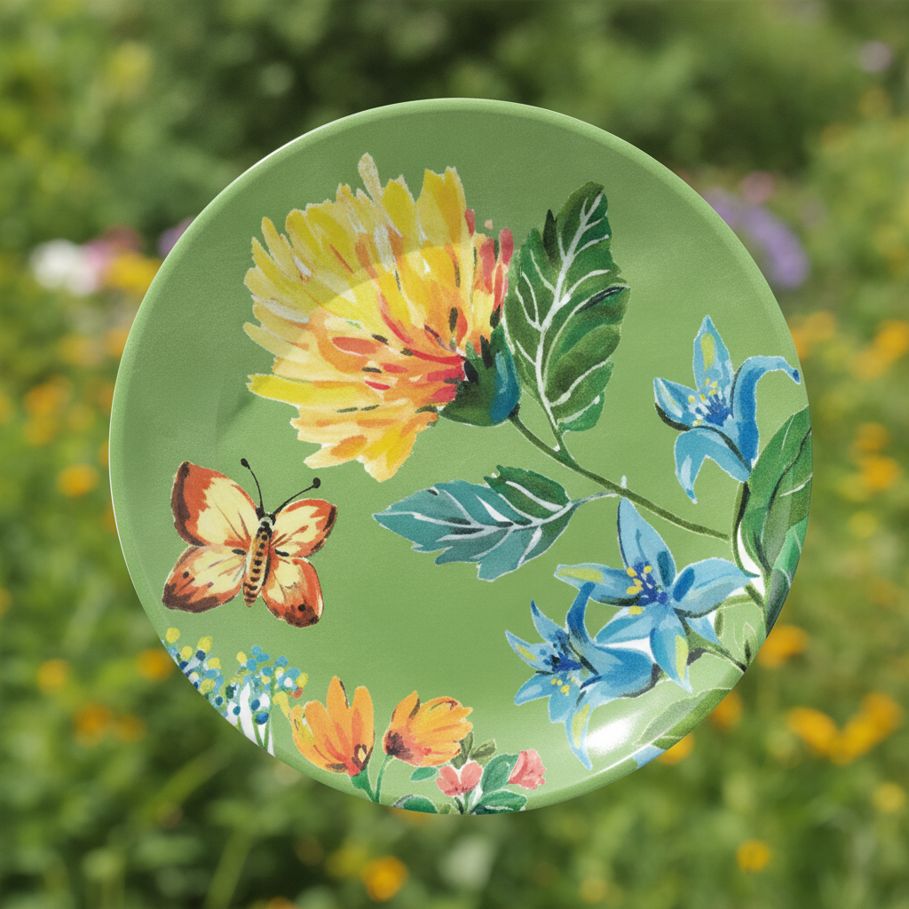 Close-up of a green garden floral melamine plate with butterfly and watercolor flowers