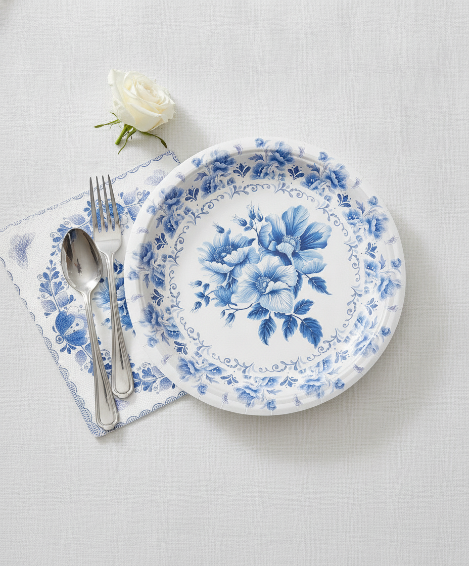 Single place setting with blue and white floral disposable paper plate and napkin