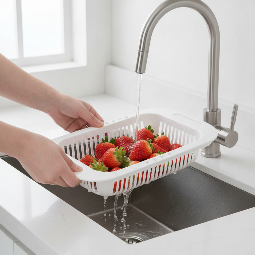 Vegetable colander basket held over a sink rinsing fresh strawberries