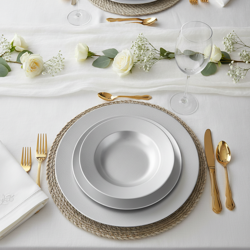 Silver white charger plates in an elegant wedding place setting with gold cutlery, white napkin, woven placemat, goblet and white roses