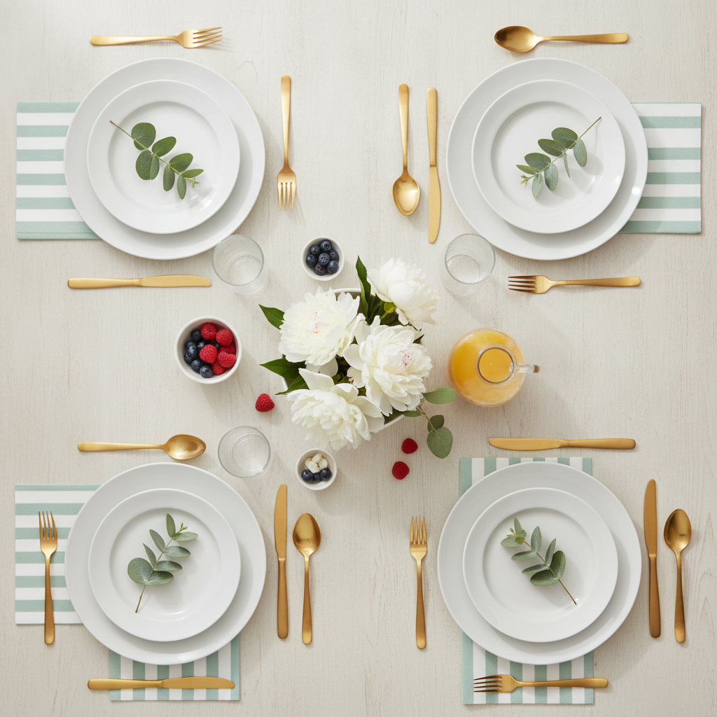 Spring brunch tablescape flat-lay set with sage green striped paper guest napkins