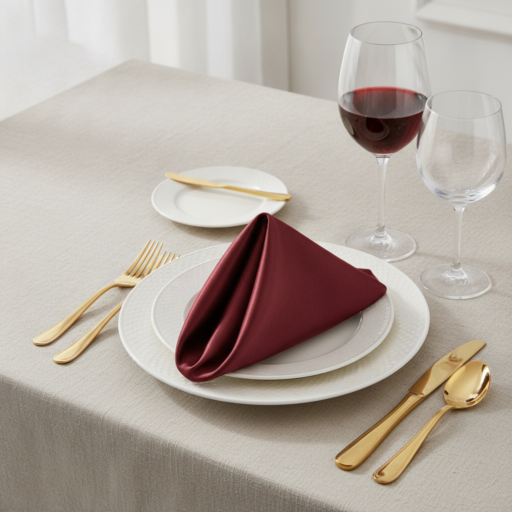 Burgundy satin napkin folded on plate with gold flatware place setting